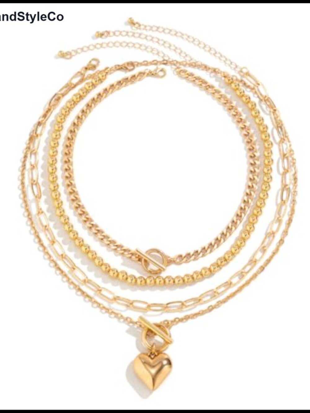 4pc Layered Gold Necklace Set Chunky Chain Heart Coin Pendant Toggle Clasp